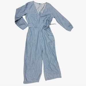 Old Navy Denim Cotton Jumpsuit Size M Wrap Tie Waist V-Neck Long Sleeve Pantsuit